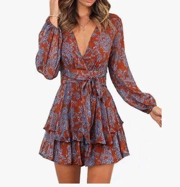 NEW V Neck Ruffle Chiffon Tie Knot Mini L Swing Skater Dress XL - Image 3