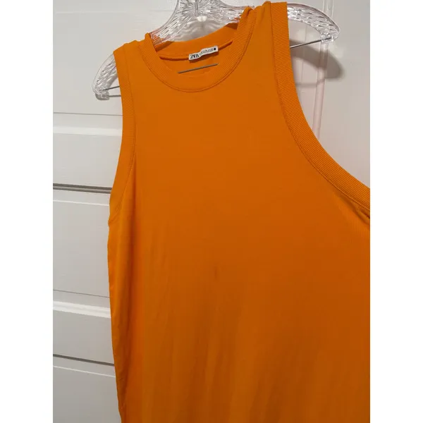 Zara Womens Ribbed Knit Sleeveless Maxi Dress Orange Crew Neck XL - Image 3