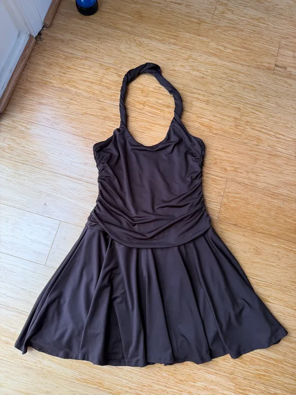 NIA Bailey Espresso Brown Ruched Halter Mini Dress M - Image 4