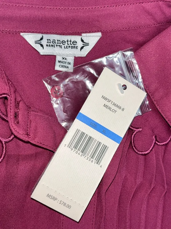 Nanette Lepore NWT Size XL Merlot Scalloped Collar Pleated Button Up Blouse Top - Image 5