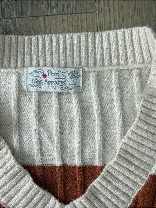 Poof Apparel Striped V-Neck Sweater in Cream, Rust & Taupe - Image 2