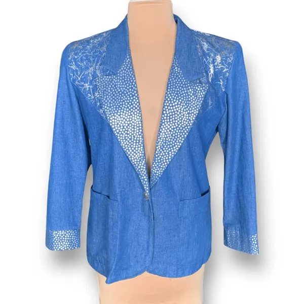 Vintage‎ Blue Denim Blazer Silver Polka Dot Boho Western Jacket Artsy Eclectic - Image 2