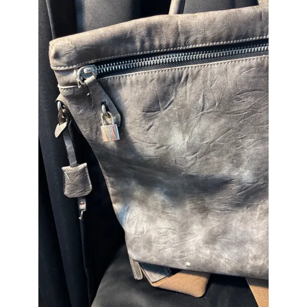 Gray Distressed Vegan Leather Convertible Backpack Shoulder‎ Bag Silver Padlock - Image 5