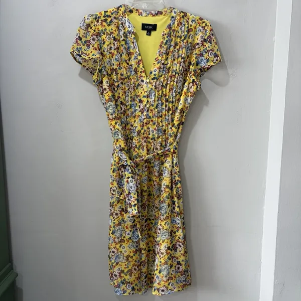 MSK dress Yellow Floral Knee Length‎ Dress 8 Short Sleeve Tie Waist Cottagecore - Image 2