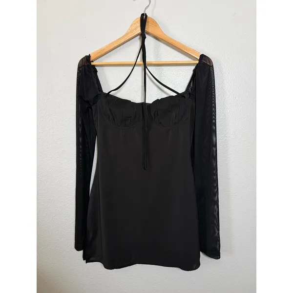 Princess Polly Black Mesh Long Sleeve‎ Bustier Mini Dress US 4 Halter Tie Neck - Image 8