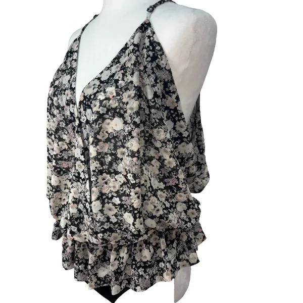 Express Floral Print Chiffon‎ Sleeveless Wrap Top Bodysuit Sz M Coquette Y2K - Image 2