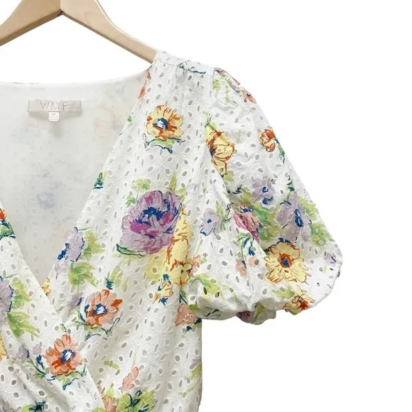 Wayf Top Floral Eyelet Wrap Front Puff Sleeve Cream Blouse Women’s Size Medium - Image 6