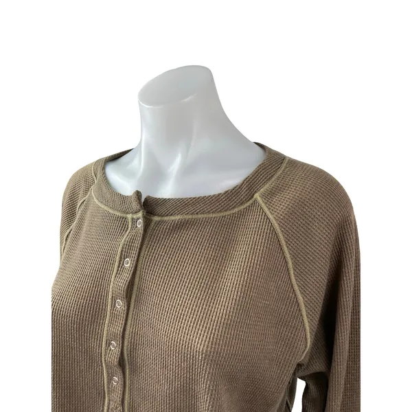 Free People Early Night Contrast Stitch Cropped Henley Waffle Knit Thermal Top L - Image 3