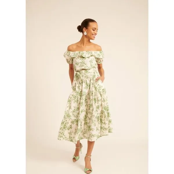 Rachel Parcell Off Shoulder Ruffle Tiered Floral Midi Dress Size 4 Sage‎ Toile - Image 8