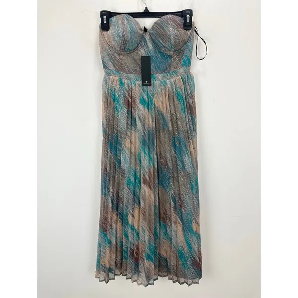 Lulus Juniva Teal Multi Abstract Print Pleated Bustier Midi Dress Cocktail S NWT - Image 6