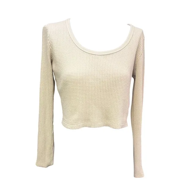 Madewell Women's Cream Waffle Knit Long Sleeve Crop Top Size L - Image 3