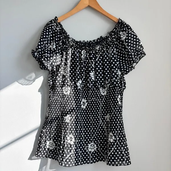 Serenade Polka Dot Floral Babydoll Top Pleated Blouse Sheer Boho Fairy Large - Image 10