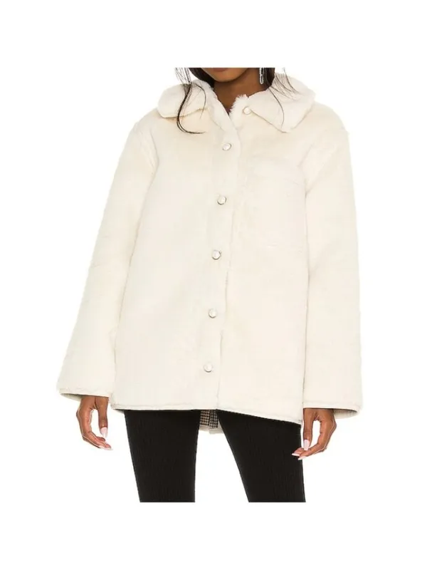 Lovers Friends Natalia Faux Fur Reversible Jacket Ivory Teddy Tan Plaid Coat XS - Image 6