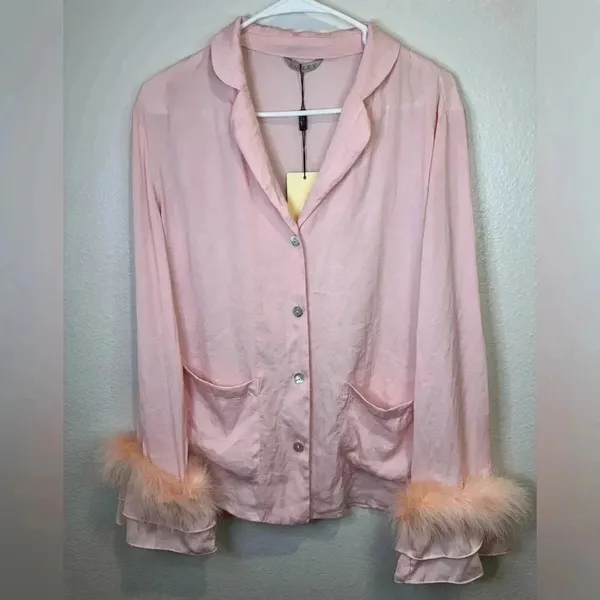 JAYLEY Pink Awilix Day to Night Feather‎ Trim Silk Sleep Trim Long Sleeve Blouse - Image 4