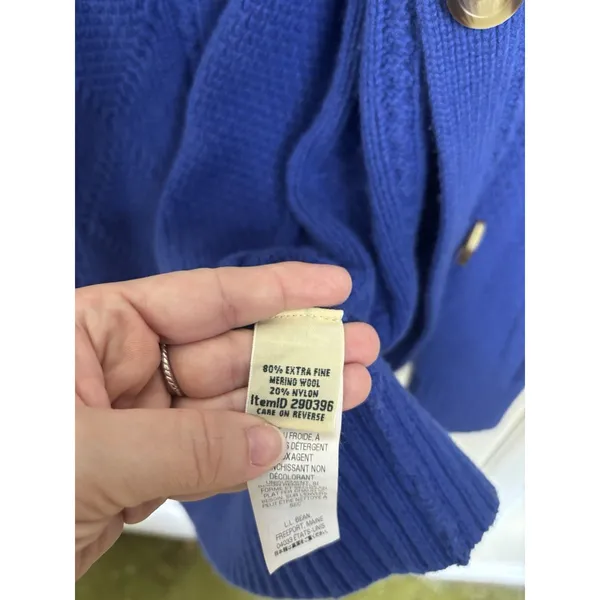 LL Bean Merino Wool Blend Royal Blue Cable Knit Button Front Cardigan XL - Image 8