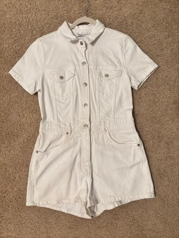 ZARA White Denim Romper - Image 3