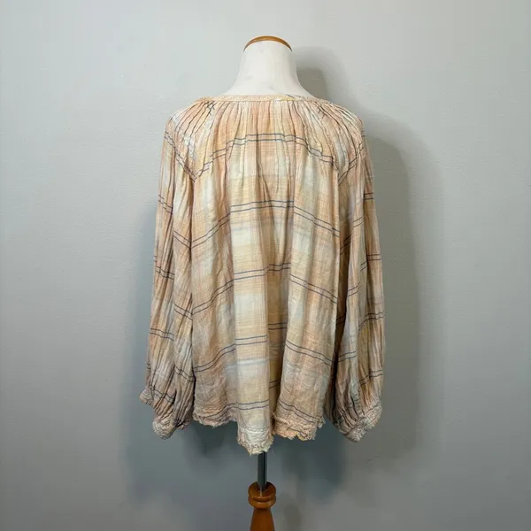 We The Free Plaid Lace Up Blouse Long Sleeve Gauzy Cotton Boho Flowy Blend Large - Image 3