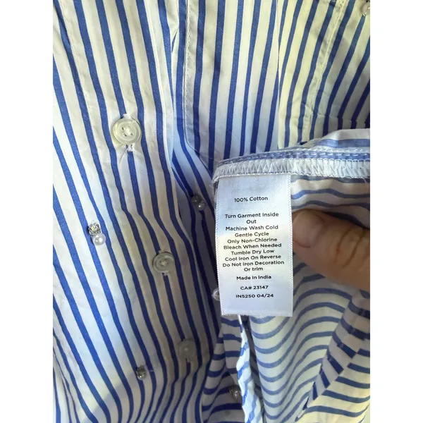 Talbots Petite Blue White Stripe Pearl Embellished Cotton Button Front Shirt SP - Image 5
