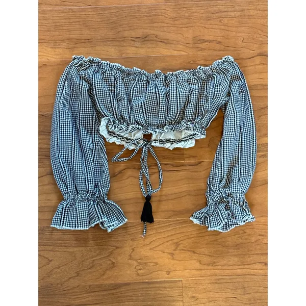 Majorelle X Revolve Sangria Cold Shoulder Crop Top Gingham Navy White XS - Image 3