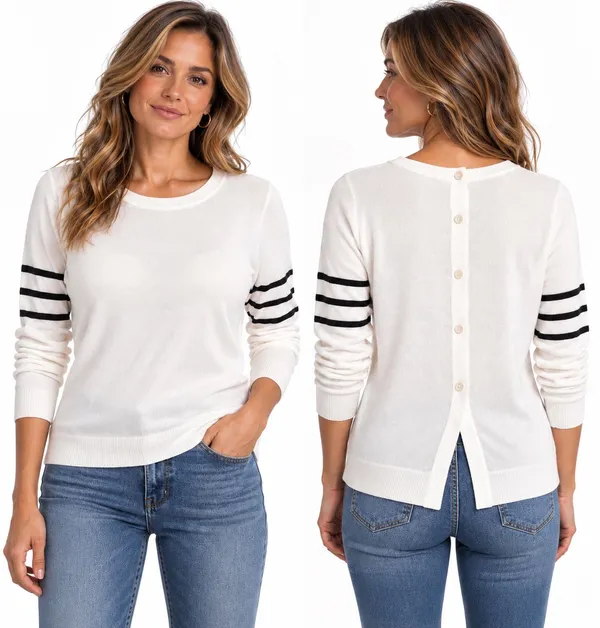 Armani Exchange White/Black Button Back Sweater-Small - Image 2