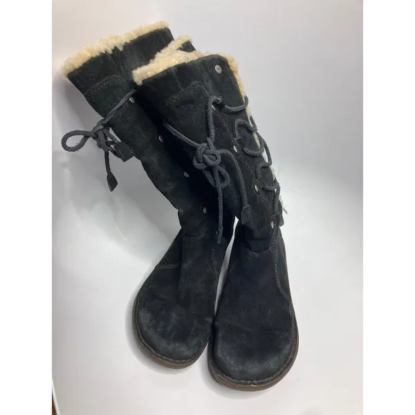 UGG Sunburst Tall Boots Womens 7 Black Good Suede Sheepskin Lace Up 5153 - Image 2