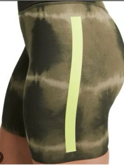 NIKE One Luxe 7” Olive Tie-Dye Bike Shorts Neon Yellow Side Stripes Size Large - Image 4