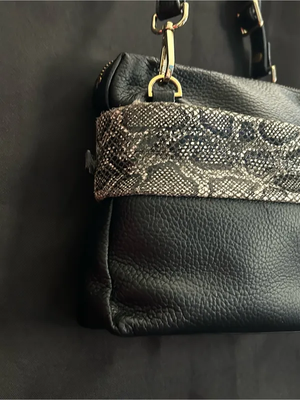 Halston Leather Black Crossbody Bag with Snake-Print Trim - Image 11