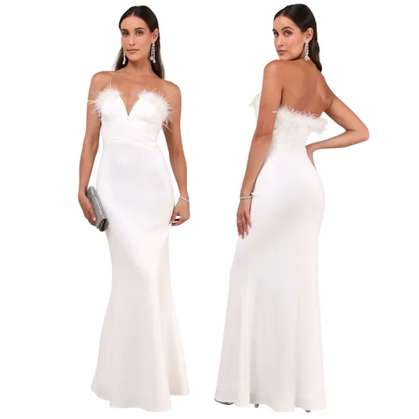 Lulus Extraordinary Glam White Feather Strapless Mermaid Maxi Dress size S NWT - Image 2