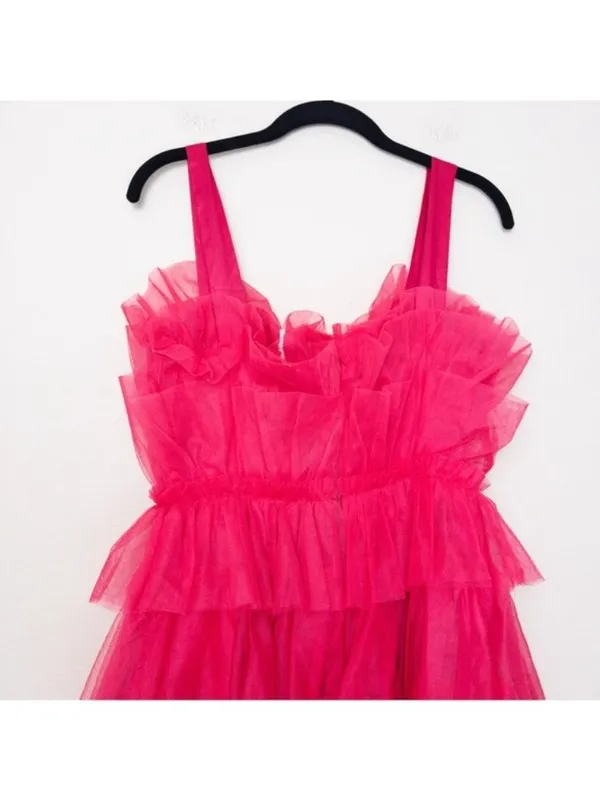NWT Storia Tulle Tiered Mini Dress M Pink Babydoll Ruffle Satin Strap - Image 11