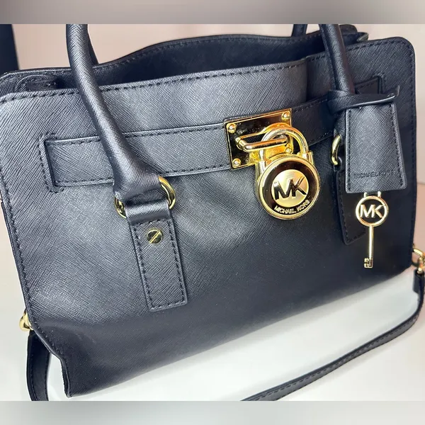 Michael Kors Hamilton Black Leather Bag, Gold-tone Hardware, Lock and Key - Image 3