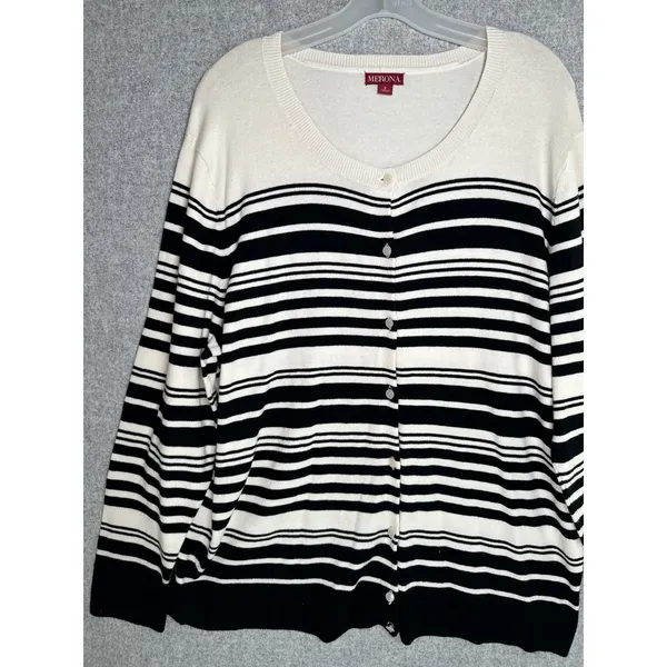 Merona Size 2 Womens Cardigan Sweater‎ Striped Long Sleeve Button Cream Black - Image 7