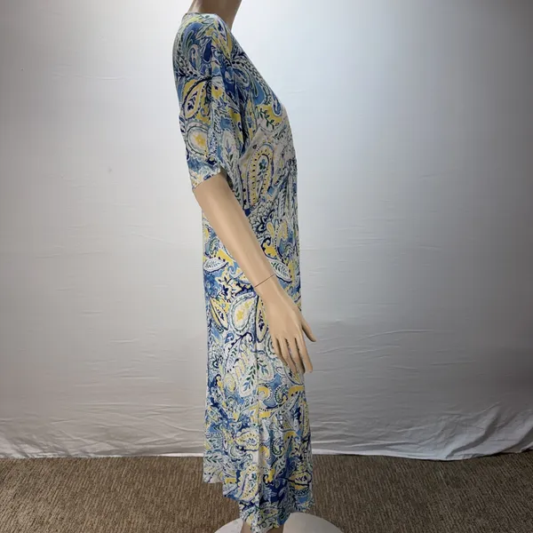 Ralph Lauren‎ Paisley A-Line Midi Dress Size L Blue White Linen Viscose Jersey - Image 7