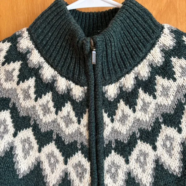 LL Bean Full Zip Cardigan Womens‎ Small Green Fair Isle Lambswool Sweater 503420 - Image 3