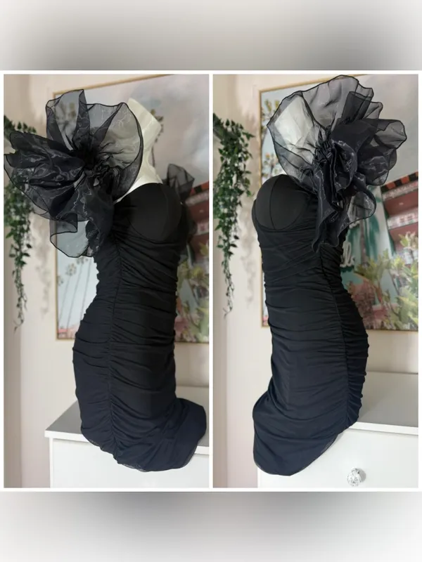 Black Ruched Bodycon Mini Dress Sweetheart Organza Ruffle Sleeves Size Small - Image 6