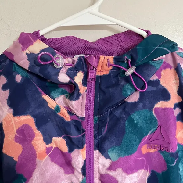 Reebok Womens Abstract‎ Camo Full Zip Hooded Windbreaker Jacket Purple S - Image 5