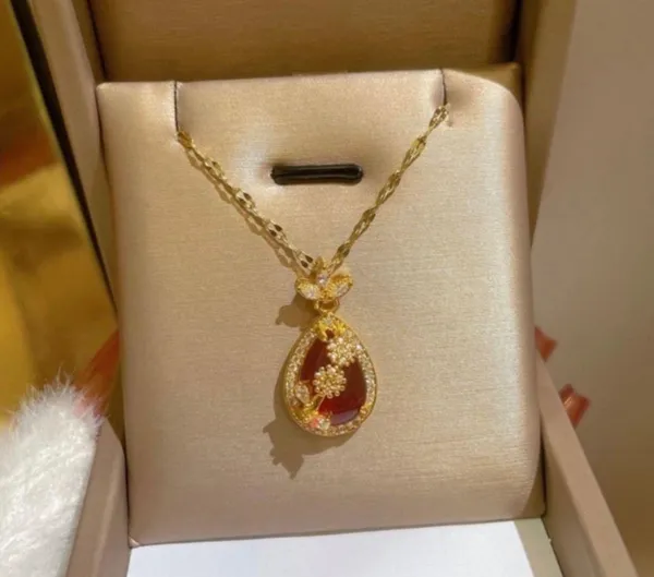 18K Gold Plated Red Crystal Flower Pendant Necklace for Women - Image 4