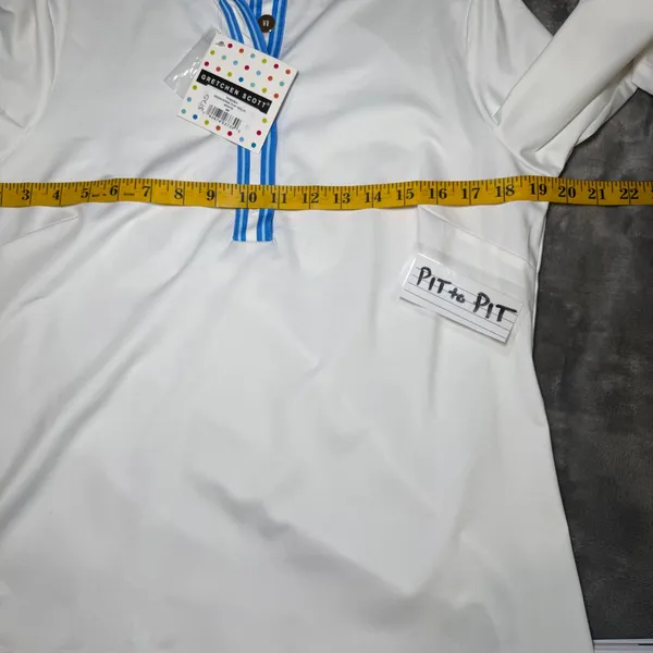 Gretchen Scott‎ Mandarin Top Women M White Blue Striped Trim 3/4 Sleeve Stretch - Image 7