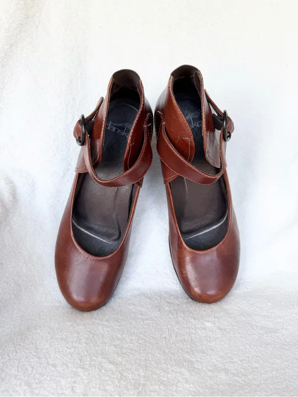 Dansko Womens Rebel Wedge Pump 39 Mary Jane Buckle Casual Heels Leather Brown - Image 2
