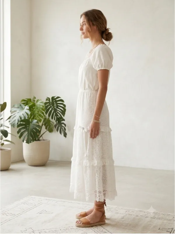 Vintage Periwinkle Lace Tiered Maxi Skirt Cream White Prairie Cottagecore M USA - Image 2