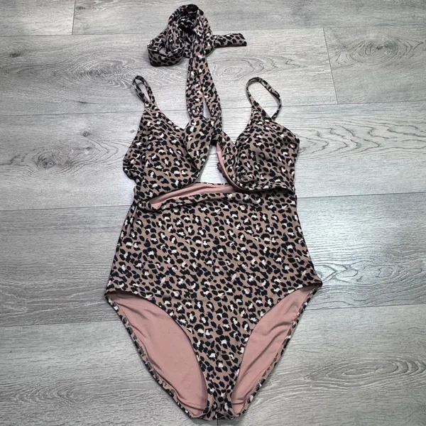 Aerie Womens Leopard Print Cutout Wrap One Piece Swimsuit Tan Black Medium‎ - Image 2