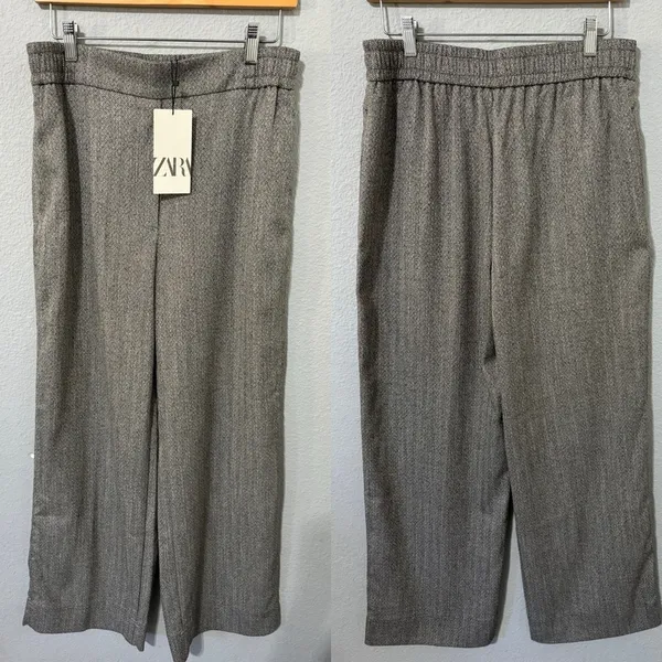 Zara Women‎ Bloggers Favorite Gray Wide Leg Herringbone Elastic Waist Pants Sz L - Image 6