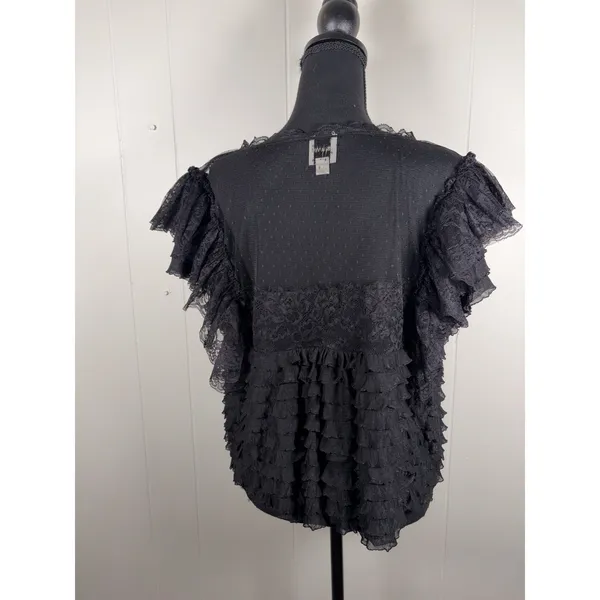 Maeve Anthropologie Black Ruffled Tulle Lace Blouse Sheer Polka Dot Mesh Top L - Image 4