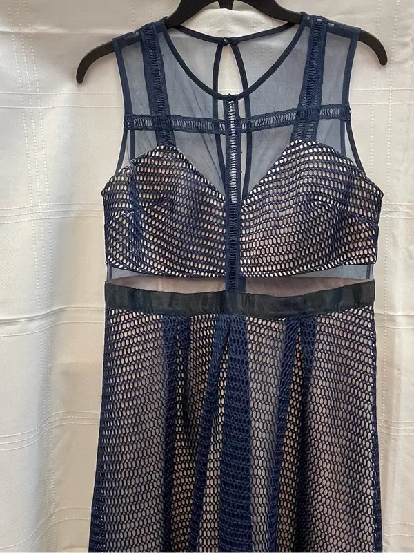 L'ATISTE L Navy Blue Wedding Guest Sheer Mesh Illusion Midi Dress Self Portrait - Image 3
