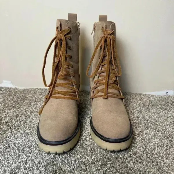 Mi.iM Jamie Latte Faux Suede Lace Up Heeled Combat Boots Casual Boho Dress Up‎ - Image 5