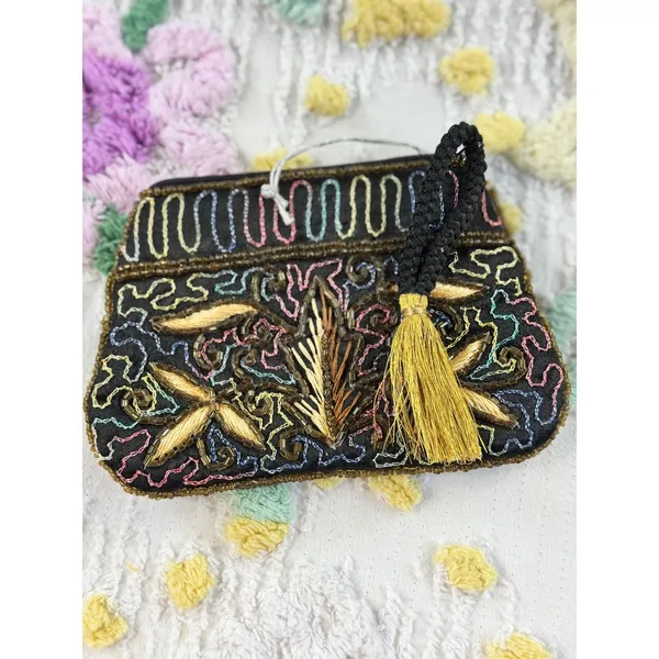 Sudha Beaded Coin Purse Black Gold Floral Embroidered Tassel Wristlet Pouch NWT‎ - Image 6