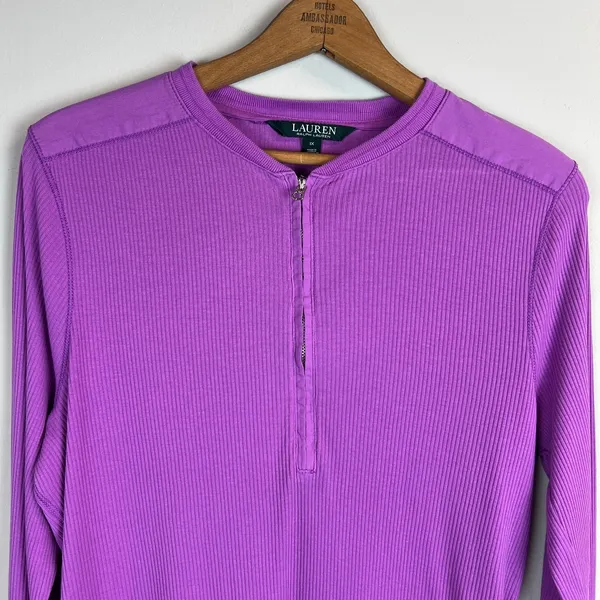 Lauren‎ Ralph Lauren Top Womens 1X Purple 1/4 Zip Pullover Ribbed Knit Cotton - Image 3