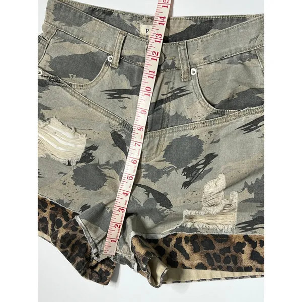POL Camo Leopard Denim Shorts Size S Distressed Raw Hem Mixed Print Boho Shorts - Image 8