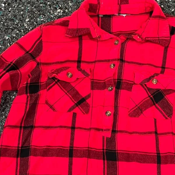 Women’s Medium Red & Black Flannel Button Front Shirt Top - Image 2