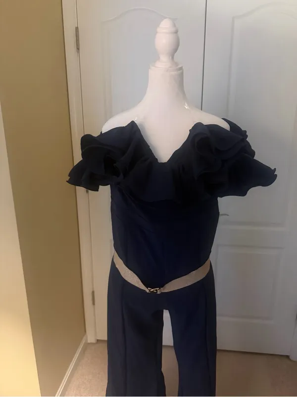 Loragal off-Shoulder Navy Ruffle Wide-Leg Jumpsuit with gold Belt side zip NWT - Image 5