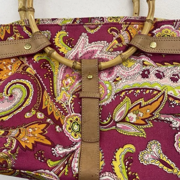 Ralph Lauren Vachetta‎ Leather Paisley Canvas Purse Handbag Round Bamboo Handle - Image 2